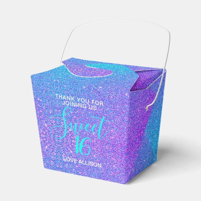 Girly Glam Sweet 16 Teal Purple Glitter Monogram Favor Box (Front Side)