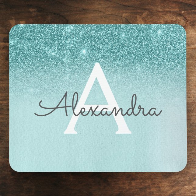 Girly Glam Teal Blue Glitter Monogram Ombre Mouse Pad (Creator Uploaded)