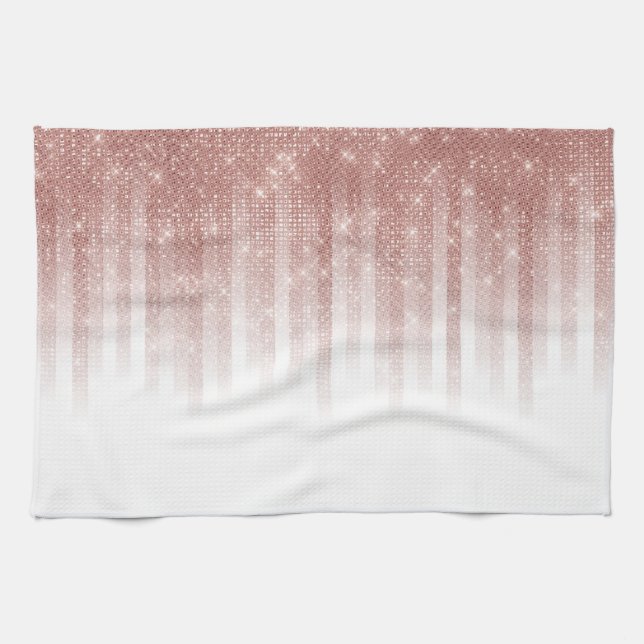 Girly Glamourous Rose Gold Glitter Striped Gradien Kitchen Towel (Horizontal)