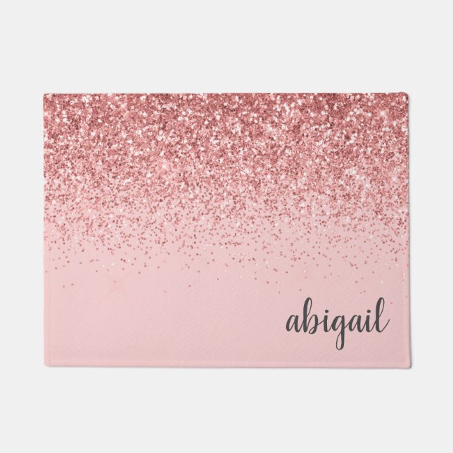 Girly Glitter Blush Pink Stylish Modern Monogram Doormat (Front)