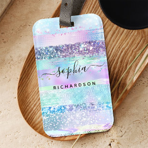 Girly Glitter Faux Holographic   Pink Blue Purple  Luggage Tag