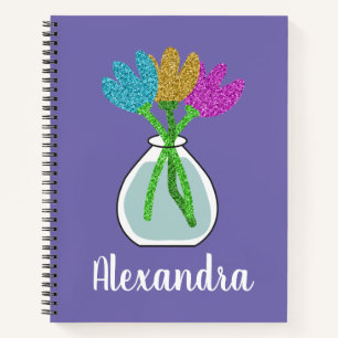 Girly Glitter Flowers Personalized Notebook