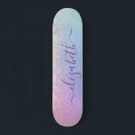 Girly Glitter Gold Confetti Personalized Rainbow Skateboard<br><div class="desc">Personalized girly skateboard featuring sparkly faux gold glitter confetti against a unicorn pastel pink,  purple,  blue and green background. Add your first name in a stylish trendy purple script with swashes.</div>