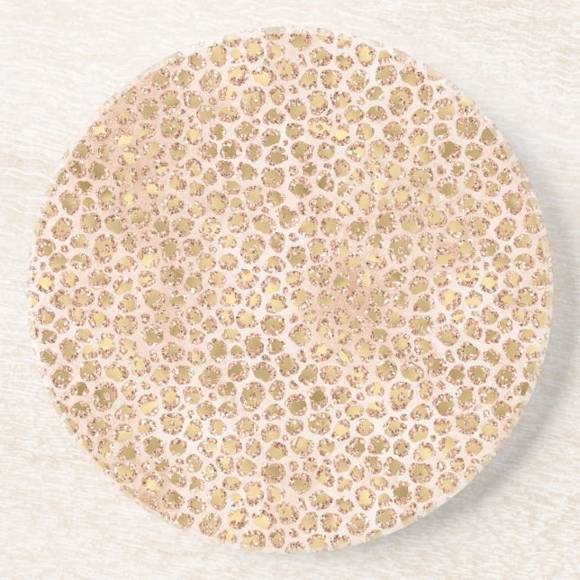 Girly Glitter Gold Peach Leopard Print Coaster (Front)