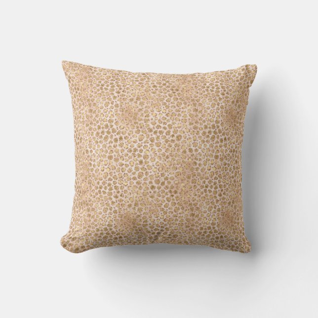 Girly Glitter Gold Peach Leopard Print Throw Pillow (Front)