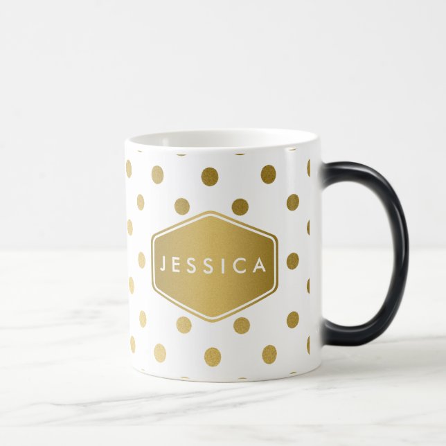 Girly Glitter Gold Polka Dots Pattern Monogram Magic Mug (Right)