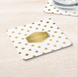 Girly Glitter Gold Polka Dots Pattern Monogram Square Paper Coaster