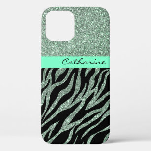 Girly Glitter Mint Green Teal Animal Zebra Pattern iPhone 12 Case
