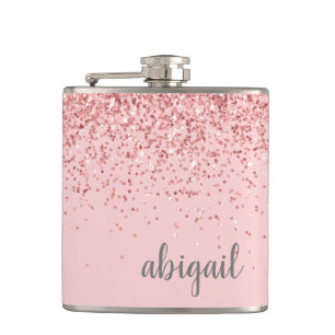 Girly Glitter Personalized Blush Pink Monogram Hip Flask