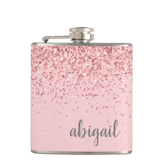 Girly Glitter Personalized Blush Pink Monogram Hip Flask (Front)