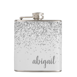 Girly Glitter Personalized Silver Monogram Name Hip Flask