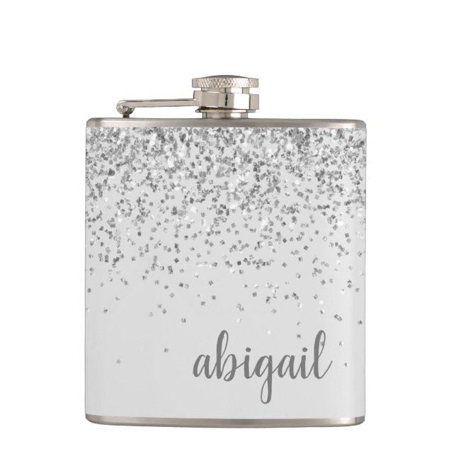 Girly Glitter Personalized Silver Monogram Name Hip Flask (Front)