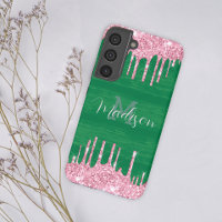 Girly Glitter Pink Green Drip Monogram Add Name