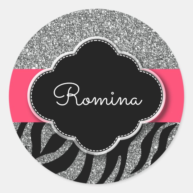 Girly Glitter Pink Zebra Pattern Personalized Name Classic Round Sticker (Front)