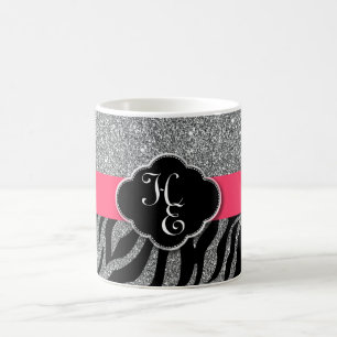 Girly Glitter Silver Pink Zebra Add Your Initials Coffee Mug
