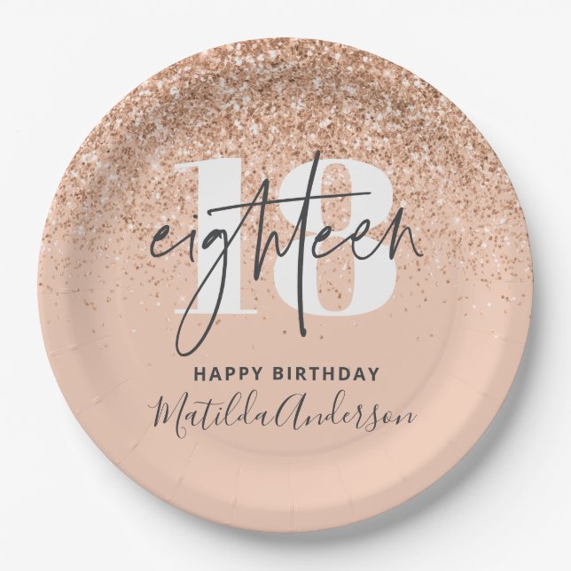 Girly glitter sparkle modern 18th birthday party paper plate (Front)