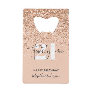 Girly glitter sparkle modern 21st birthday party  credit card bottle opener