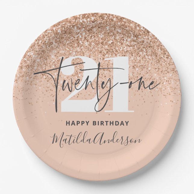 Girly glitter sparkle modern 21st birthday party paper plate (Front)