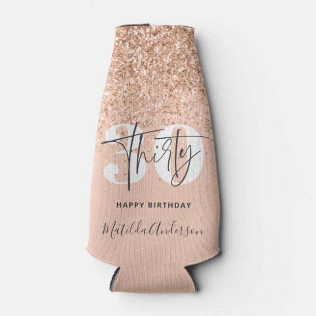 Girly glitter sparkle modern 30th birthday party bottle cooler (Front)