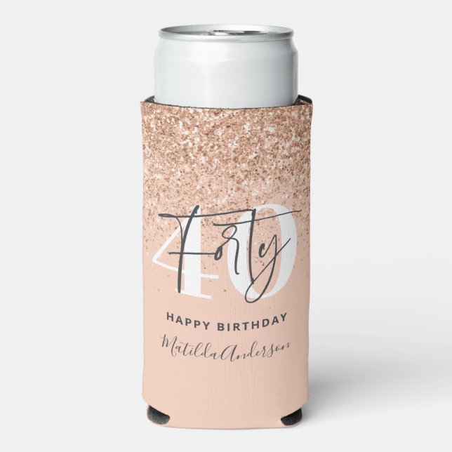 Girly glitter sparkle modern 40th birthday party seltzer can cooler (Seltzer Front)