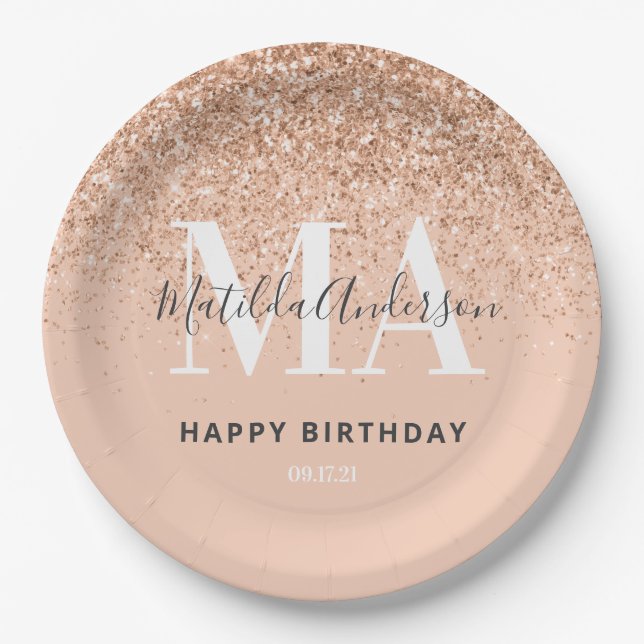 Girly glitter sparkle modern pink birthday party paper plate (Front)