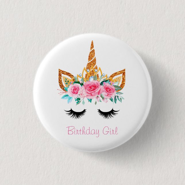 Girly Glitter Unicorn Face Birthday Badge 1 Inch Round Button (Front)