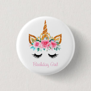 Girly Glitter Unicorn Face Birthday Badge 1 Inch Round Button