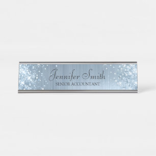 Girly Glittery bleu light faux Foil Desk Name Plate