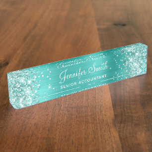 Girly Glittery Bright Turquoise Foil Nameplate