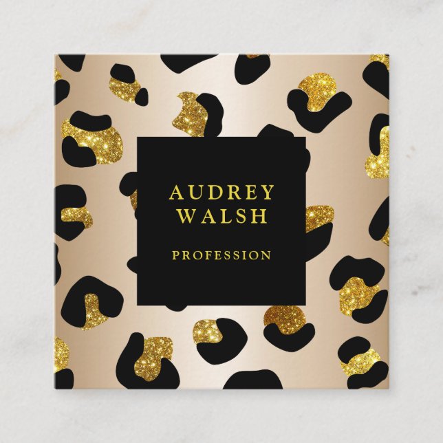 Girly Glittery Faux Gold Leopard print  Luxury Square Business Card (Front)