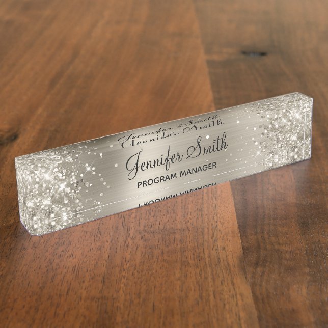 Girly Glittery Faux Platinum Foil Nameplate (Side)