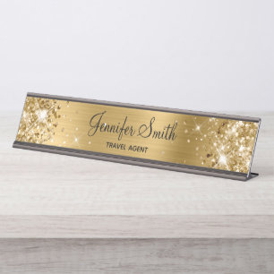 Girly Glittery Gold Foil Desk Name Plate