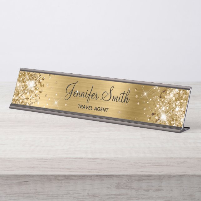 Girly Glittery Gold Foil Desk Name Plate (Front)