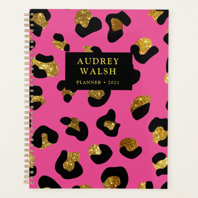 Girly Glittery Gold Fuchsia Leopard Print Luxury Planner (Front)