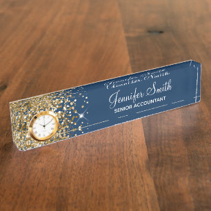 Girly Glittery Gold Glam Navy Blue Nameplate
