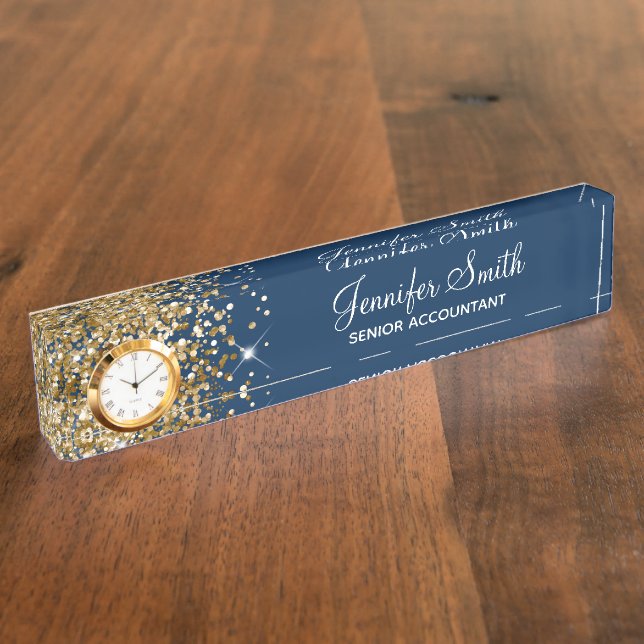 Girly Glittery Gold Glam Navy Blue Nameplate (Side)
