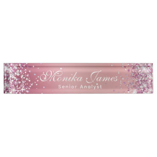 Girly Glittery Holographic Faux Rose Gold Custom Nameplate