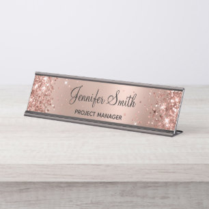 Girly Glittery Rose Gold Glam Gradient Desk Name Plate