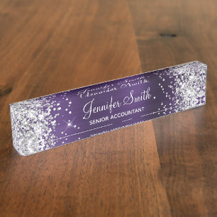 Girly Glittery Silver Dark Violet Foil Nameplate