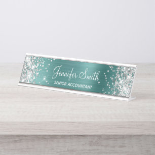 Girly Glittery Silver Faux Aqua Teal Foil Desk Name Plate