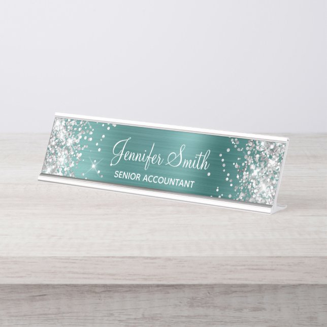 Girly Glittery Silver Faux Aqua Teal Foil Desk Name Plate (Front)
