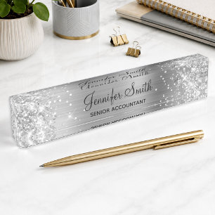 Girly Glittery Silver Faux Foil Nameplate