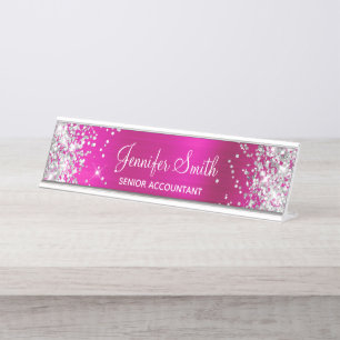 Girly Glittery Silver Faux Hot Pink Foil Desk Name Plate