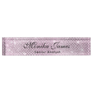 Girly Glittery Silver Faux Light Pink Nameplate