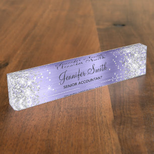 Girly Glittery Silver Faux Periwinkle Foil Nameplate