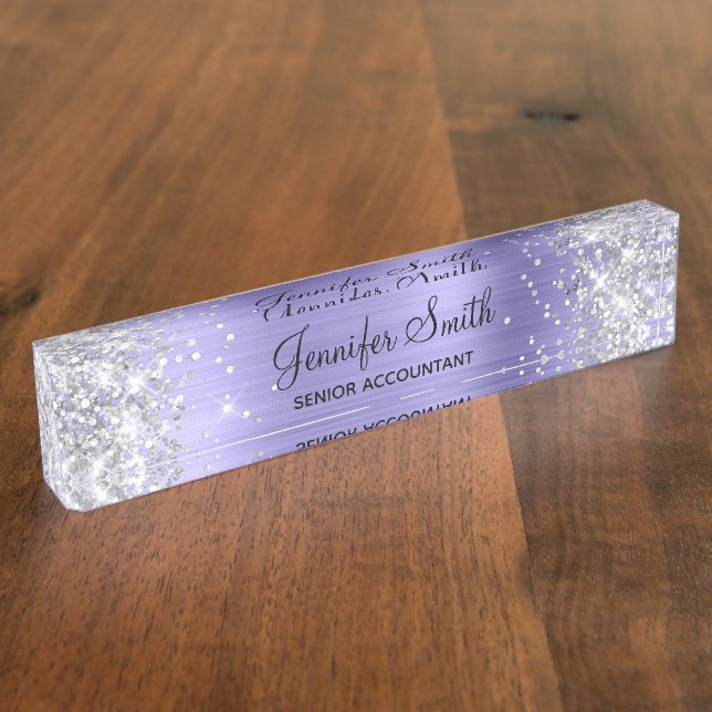 Girly Glittery Silver Faux Periwinkle Foil Nameplate (Side)