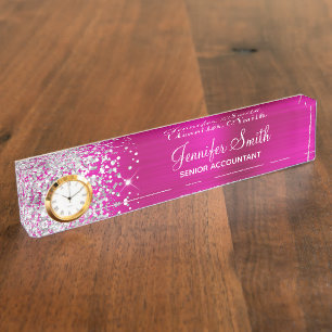 Girly Glittery Silver Hot Pink Glam Nameplate