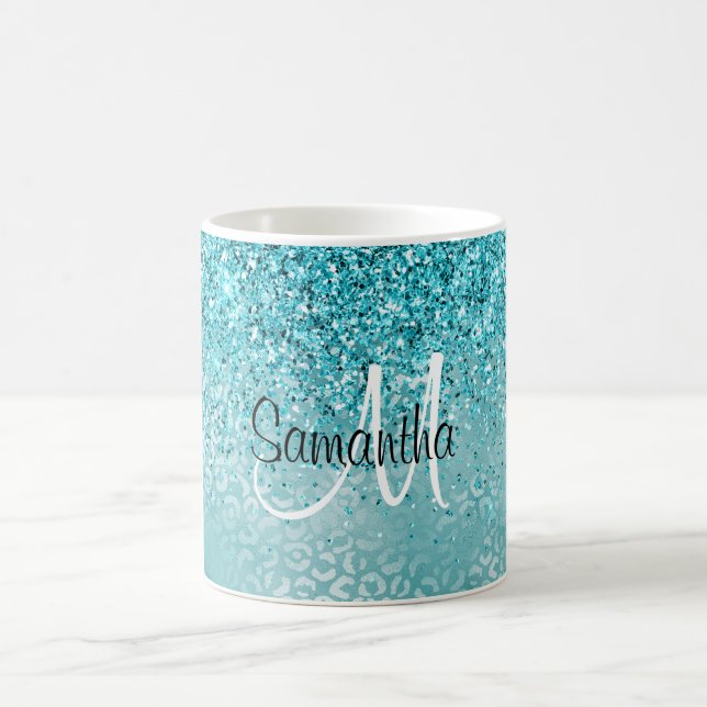 Girly Glitz Aqua Turquoise Glitter Leopard Print Coffee Mug (Center)
