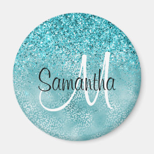 Girly Glitz Aqua Turquoise Glitter Leopard Print Magnet