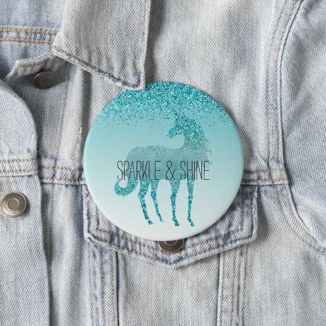 Girly Glitz Aqua Turquoise Glitter Unicorn 4 Inch Round Button (In Situ)